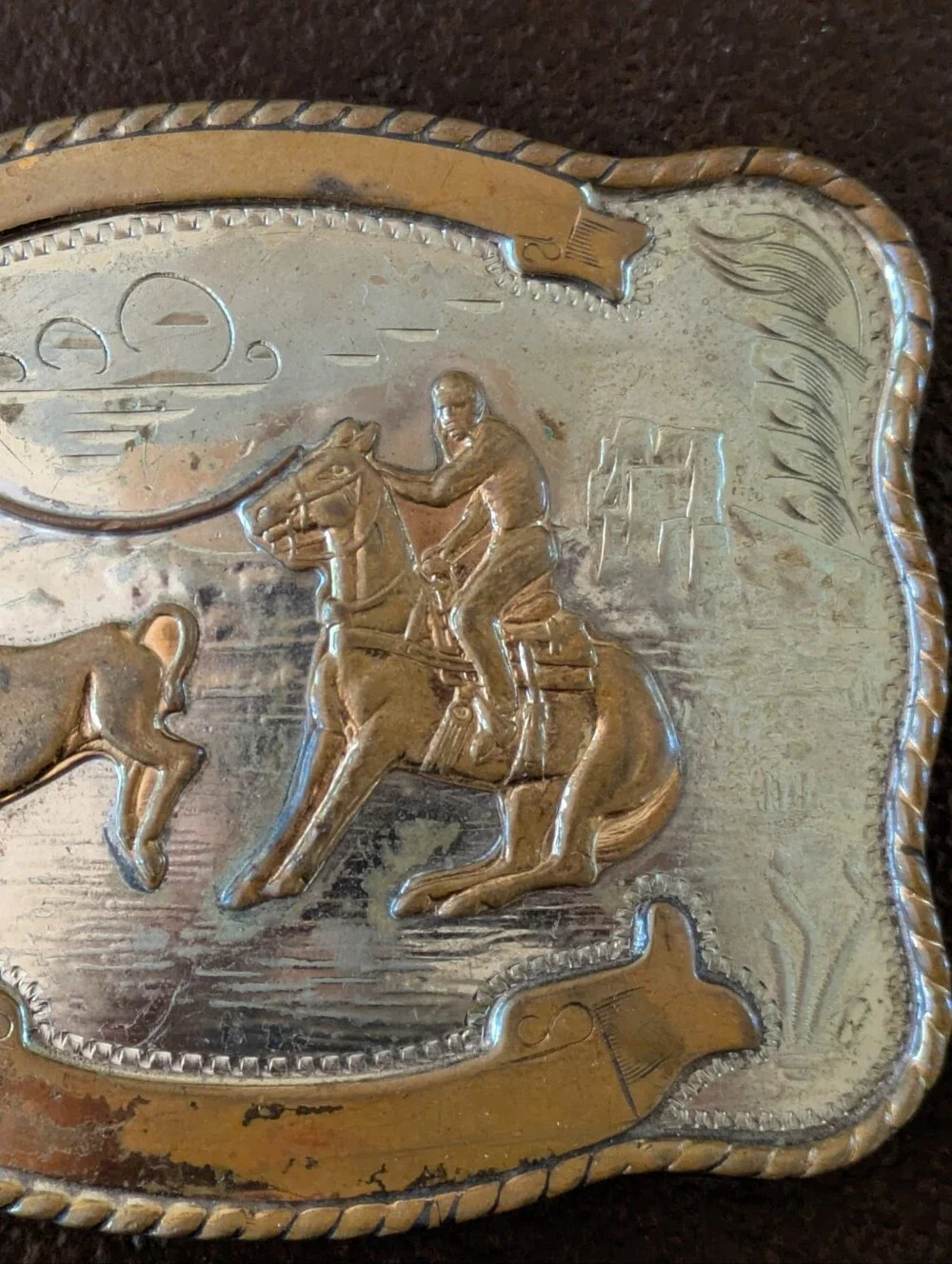 Vintage Silver And Brass Western Rodeo Calf Roping Belt Buckle